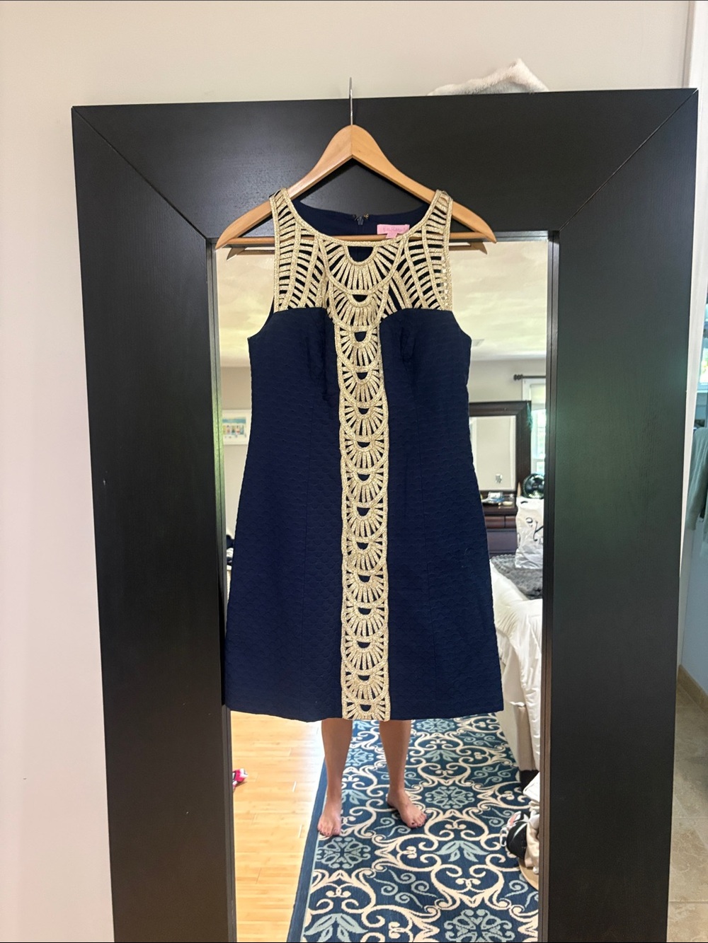 Lilly Pulitzer Navy Blue Midi Dress with Cream Crochet Trim